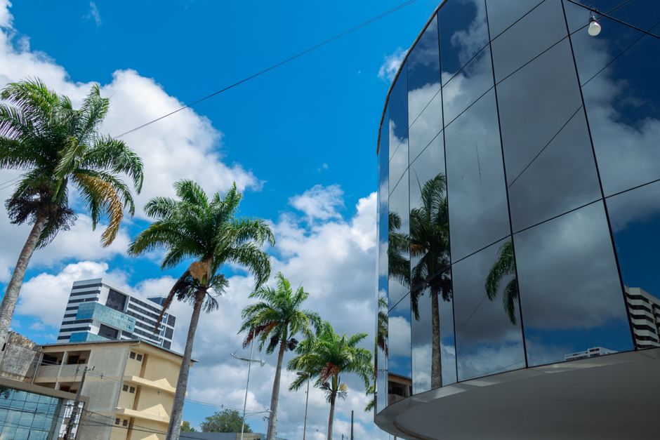Foto ilustrativa de prédio comercial espelhado refletindo palmeiras e céu azul