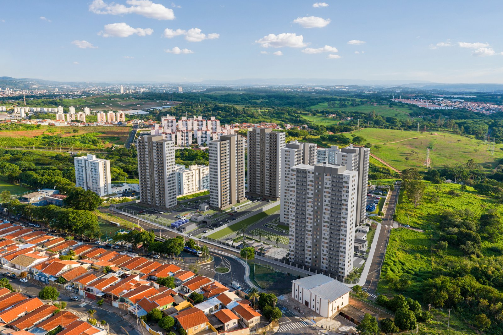 Vista aérea do bairro Panamby em Campinas com torres residenciais e áreas verdes