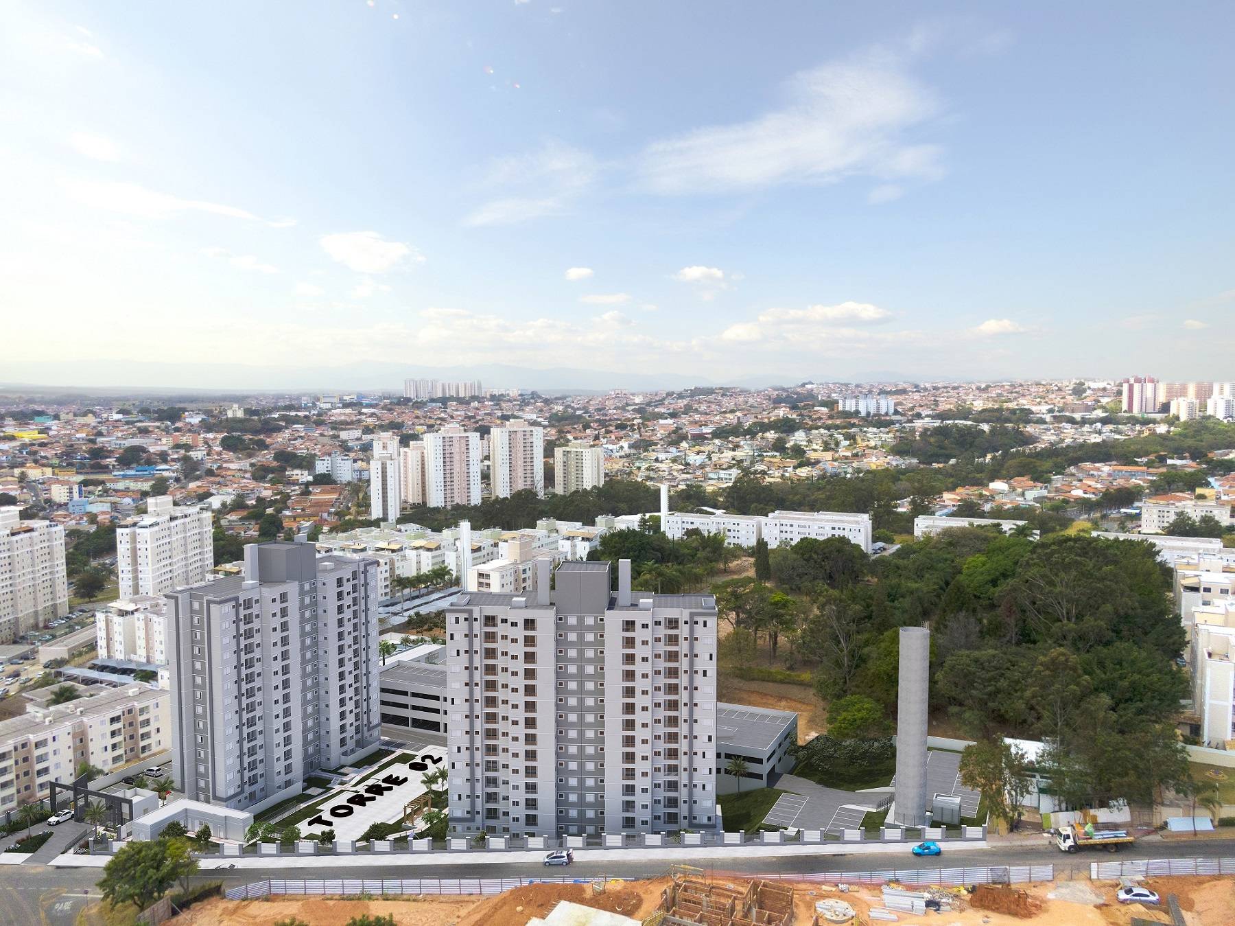 Vista aerea do Safira Ville no Jardim Nova Europa em Campinas com torres residenciais e bairro ao fundo